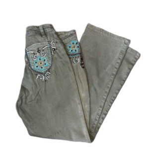 Embroidered olive straight leg jeans